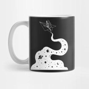 Astronaut gliding through space galaxy on a paper plane spaceship Mug